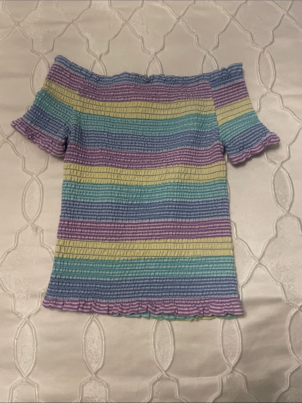 Beautees Pastel Stripe Off-the-Shoulder Crop Top - Purple, Blue, Yellow, Mint